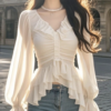 Áo Kiểu Trắng Bèo Nhún Tay Dài Soft Muse