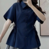 Áo sơ mi tay ngắn chiết eo buộc dây