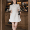 Đầm chữ A cổ sơ mi tay phồng thanh lịch