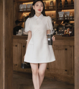 Đầm chữ A cổ sơ mi tay phồng thanh lịch
